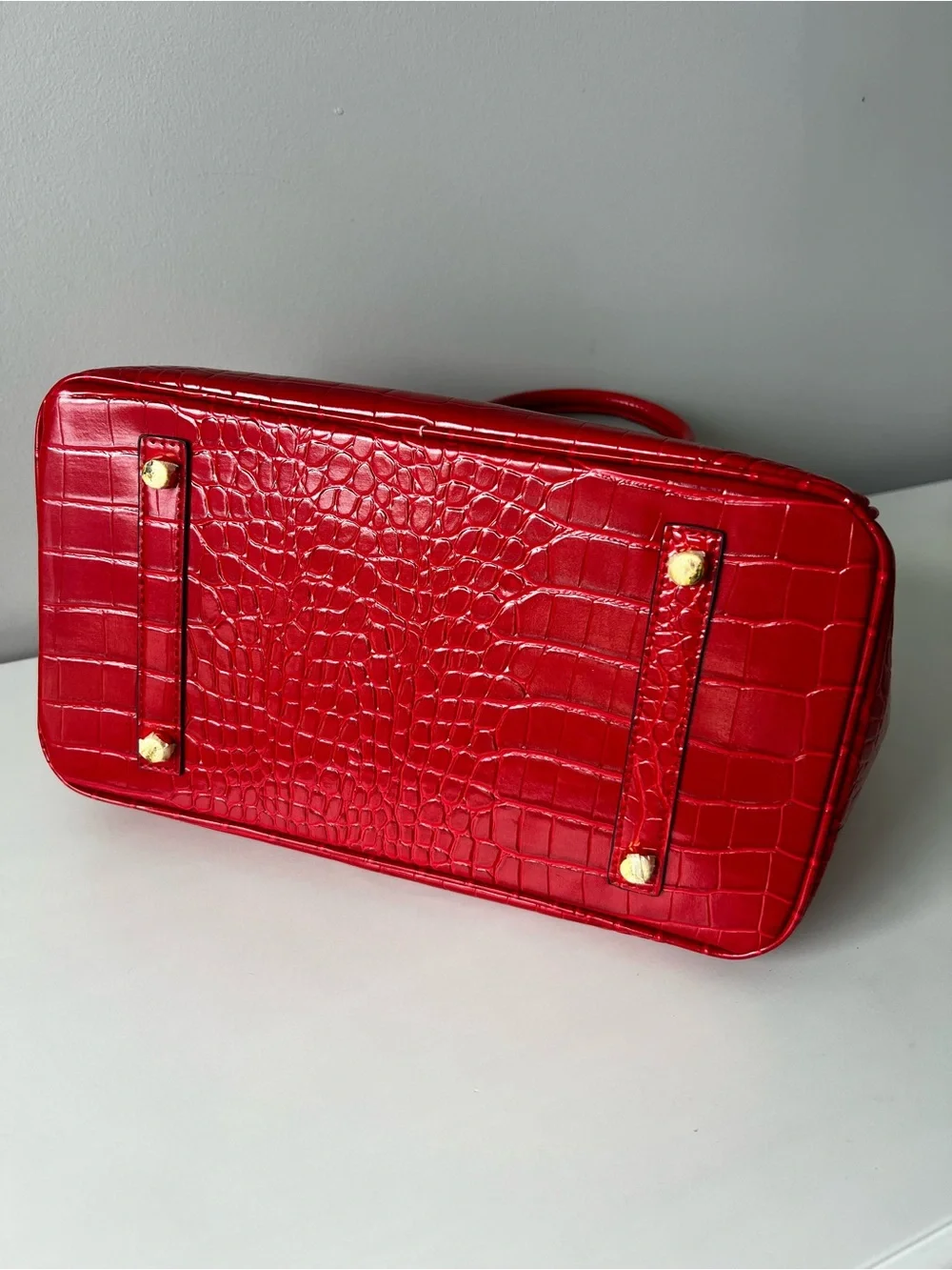 Red Croc-Embossed Structured Top-Handle Bag